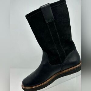 Clarks Women's Black Leather Mid-Calf Pull On Boots Size 6.5 with Faux Fur